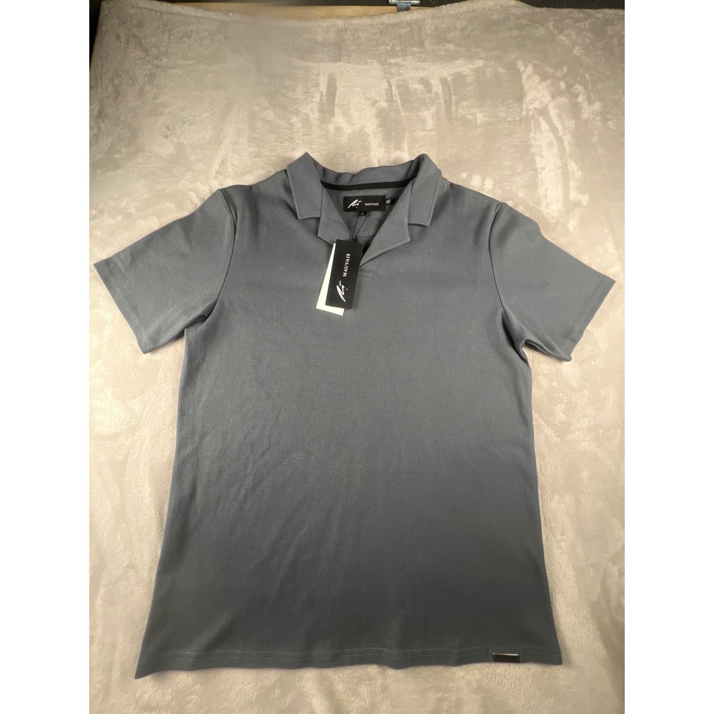 Mauvais Mens XL Waffle Knit Polo Shirt Short Sleeve Camp Collar Slate Blue NWT